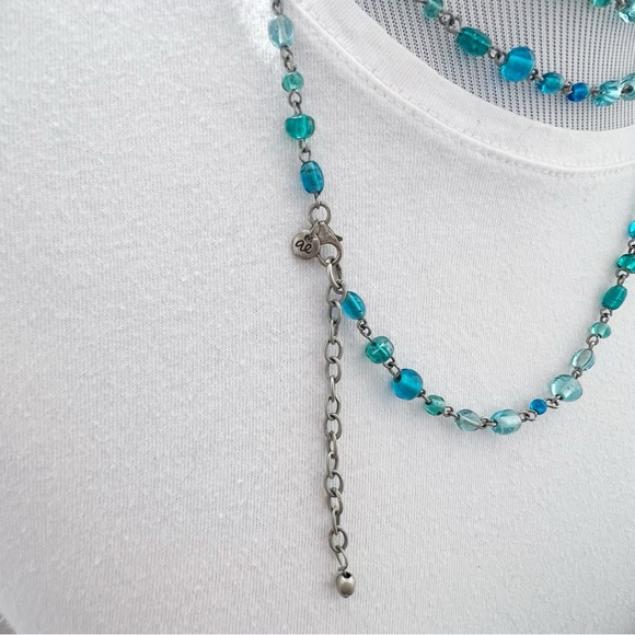 AEO Long Necklace in Shades of Blue Glass Beads and Silver Chain - Picture 8 of 9
